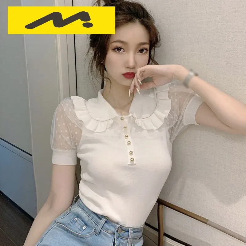 

Women's Tops Summer Female Retro Doll Collar Solid Color Puff Sleeved Knitted Mesh Stiching Short Sleeve Tops