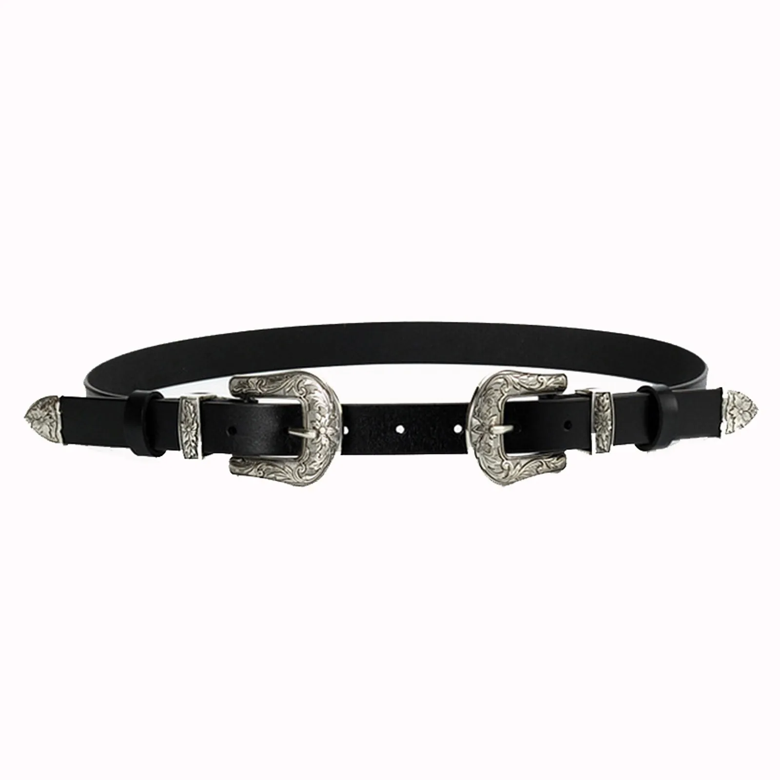 

New Hot Fashion Vintage Carved Design Alloy Metal Leather Belts For Women Double Buckle Waist Belt Waistband High Quality Female