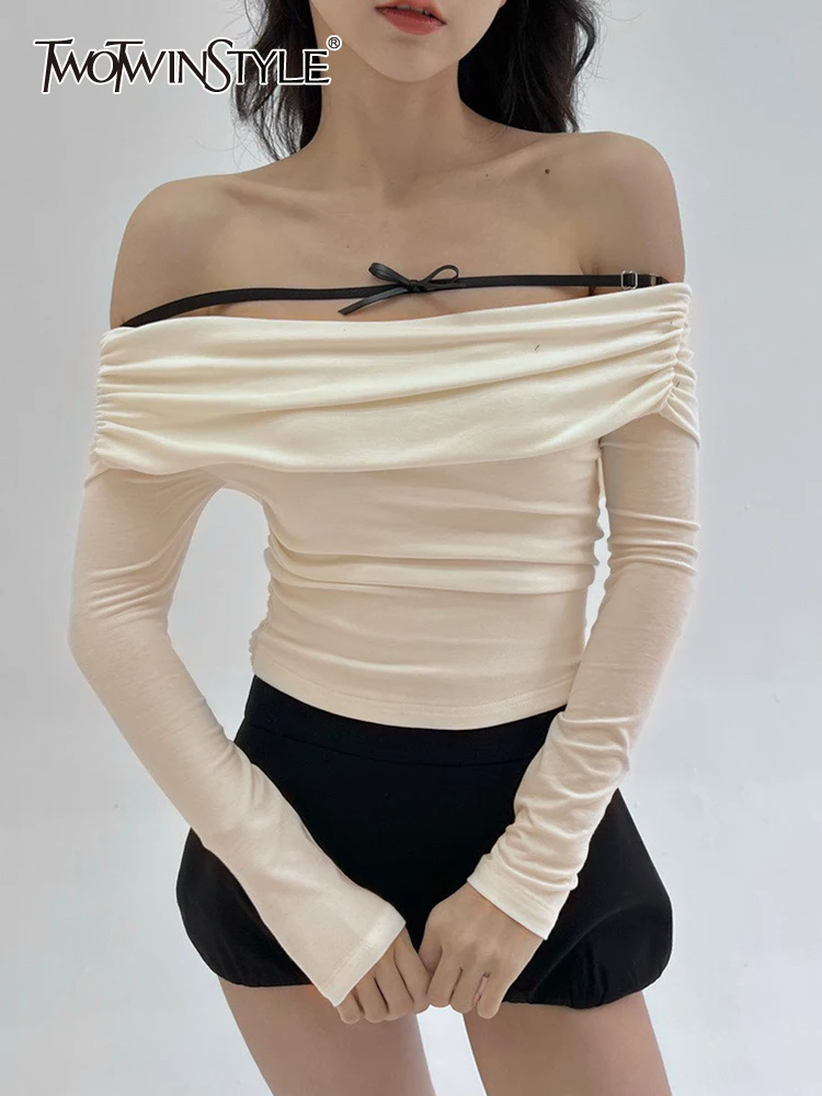 

TWOTWINSTYLE Summmer 2023 T Shirts For Women Slash Neck Long Sleeve Patchwork Knitting Slim Korean T Shirt Female Fashion Style