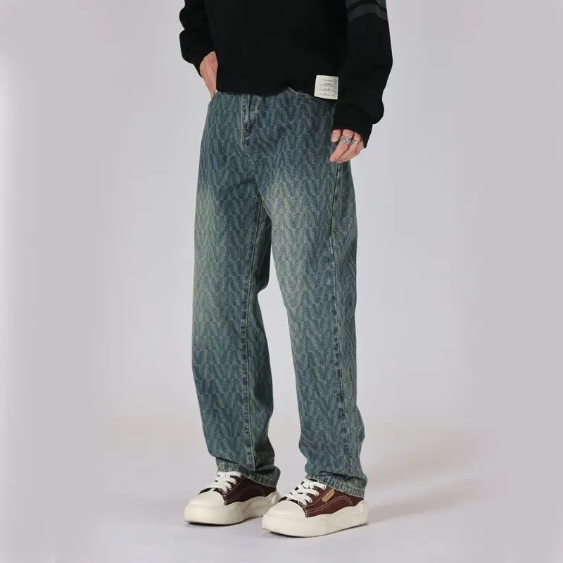 Новое поступление мужские свободные прямые синие потертые джинсы с принтом на