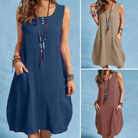2022 springsummer cotton linen loose casual solid color pocket dress women