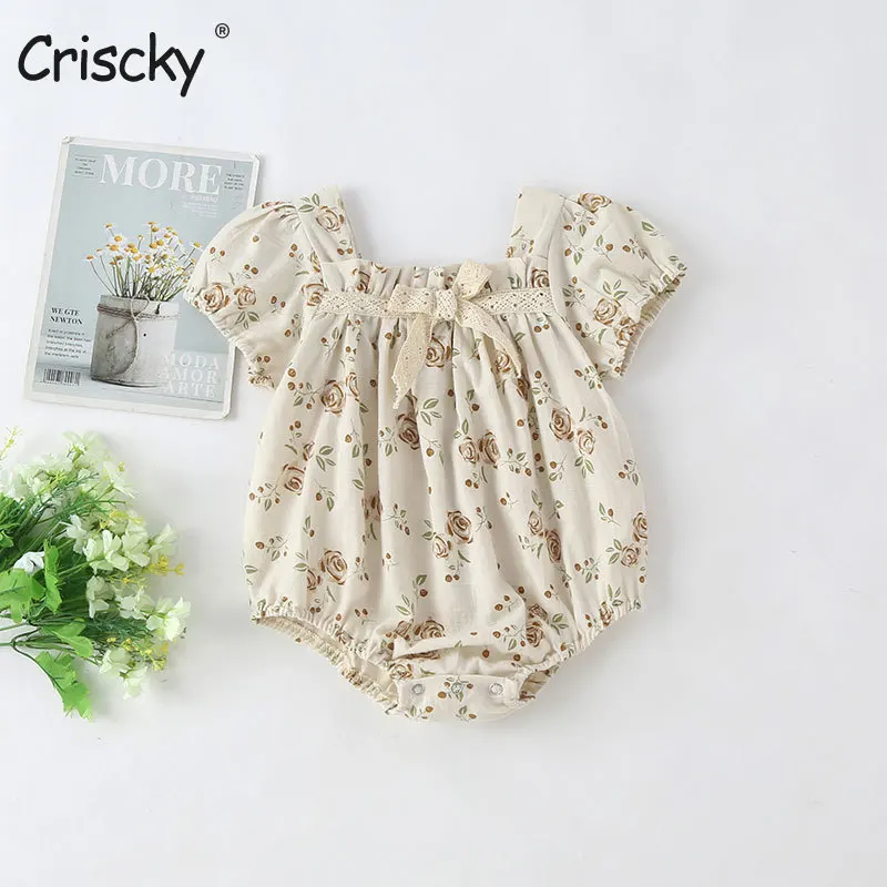 

Criscky Baby Summer Clothing Newborn Infant Baby Girls Cotton Linen Short Sleeves Floral Bodysuit Jumpsuit