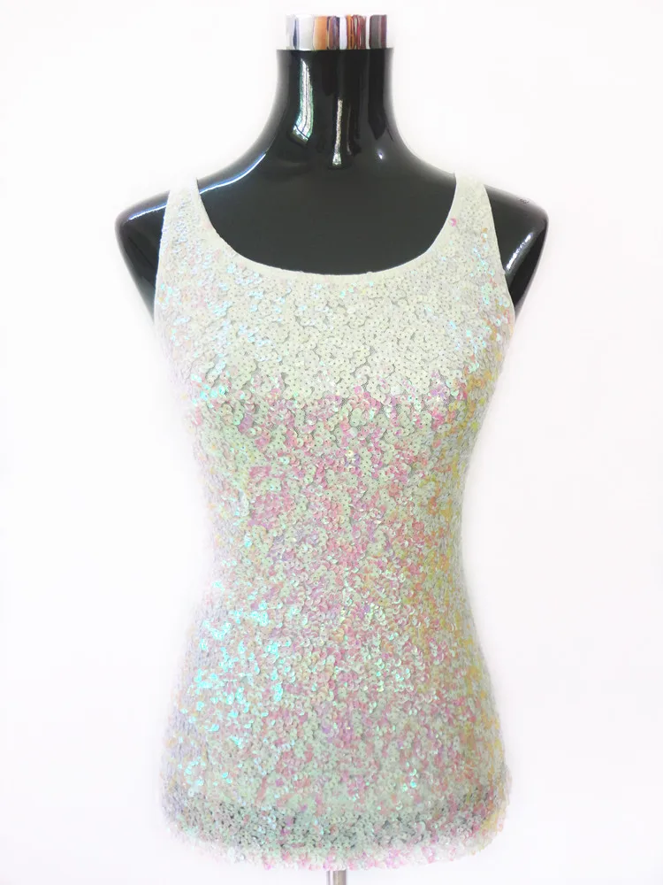 

2022 New Women Sequined Spaghetti Camisole Tank Tops Summer Clubwear Tops Sexy Round Neck Sequin Camis Lady Vest Tops White