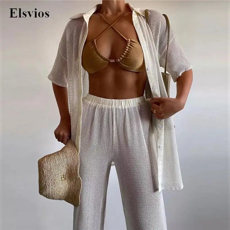 

Пикантная прозрачная рубашка и брюки, летний женский костюм из сетчатой ткани, повседневный свободный модный однотонный комплект из 2 предм...