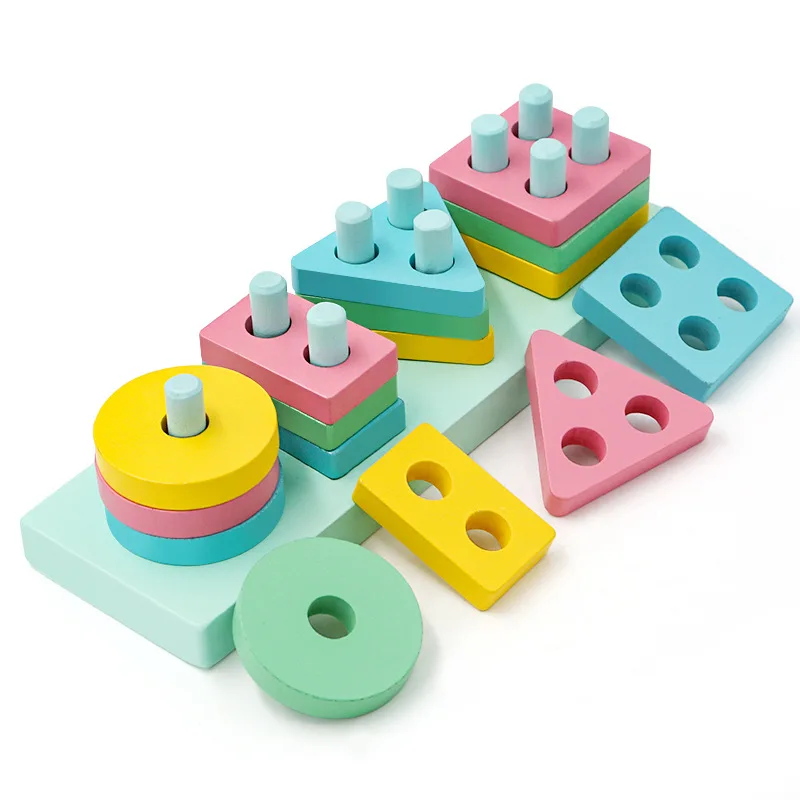 

Montessori Wooden Building Blocks Toys Early Education Shape Matching Set Macaroon Color Column Kids Birthday Christmas Gift