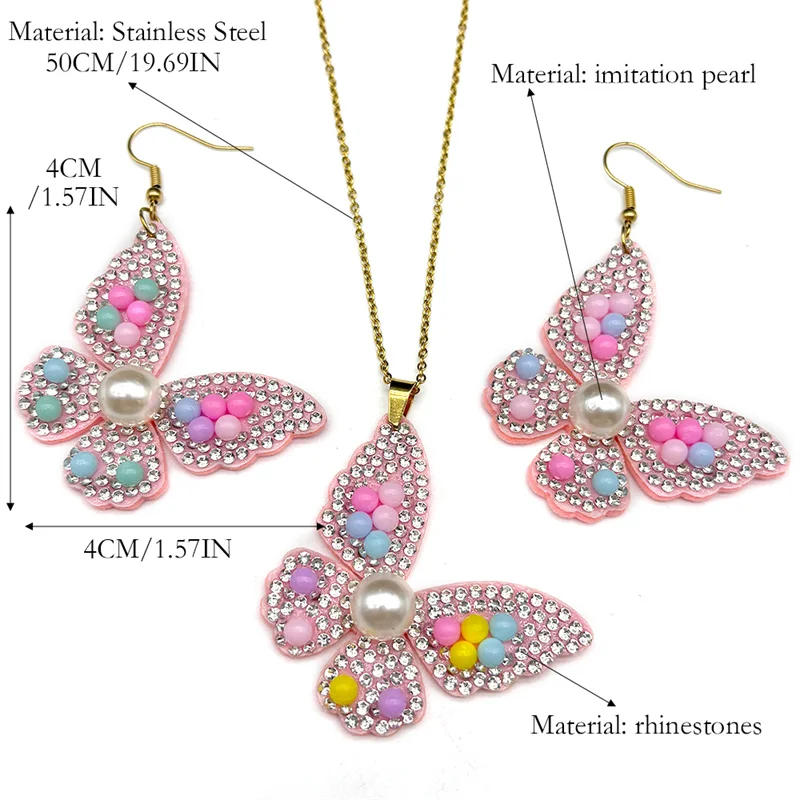 Y2k красочные искусственный жемчуг кристаллы кулон-бабочка ожерелье серьги