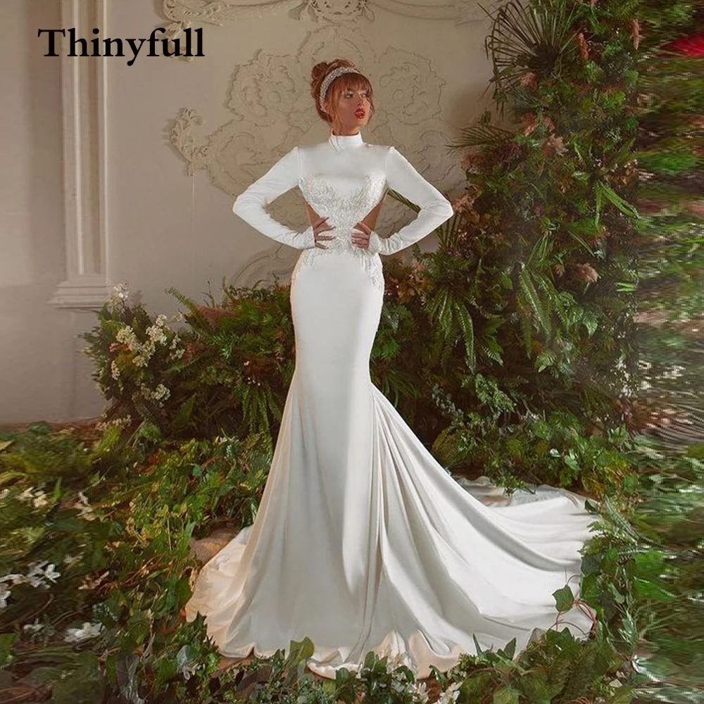 

Modeen Bridal Mermaid Long Appliques High Neck Wedding Dresses Full Sleeves Beach Bride Gowns Princess Gown Dress Robe de mariee