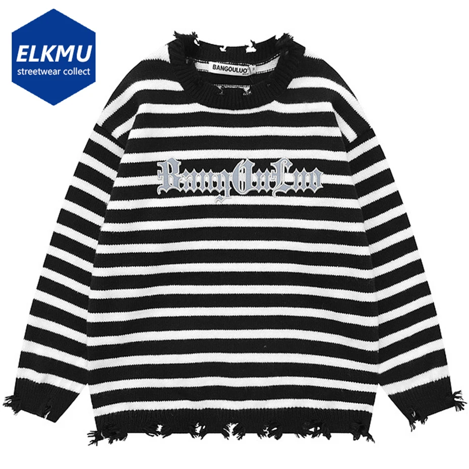 Hi Street Striped Sweaters Knitted Pullovers Men Oversized Loose Distressed Hip Hop Sweater Fall Winter Fashion Streetwear Tops