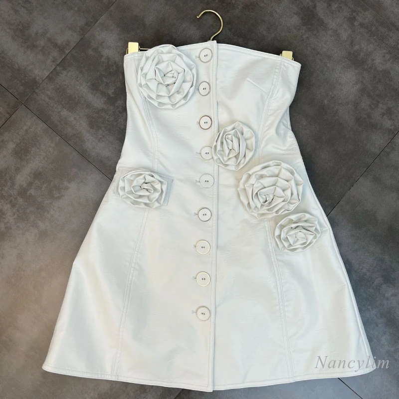 

2022 Spring and Summer Strapless Dress for Women Fashion Three-Dimensional Large Flower Single-Breasted PU Leather Dresses