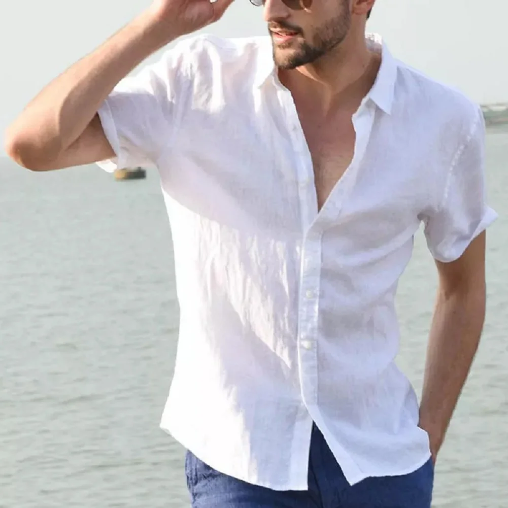 

6 Colors Men's Linen Short Sleeve Loose Shirt Turndown Collar Simple Style Plain Color Top Summer Cloth