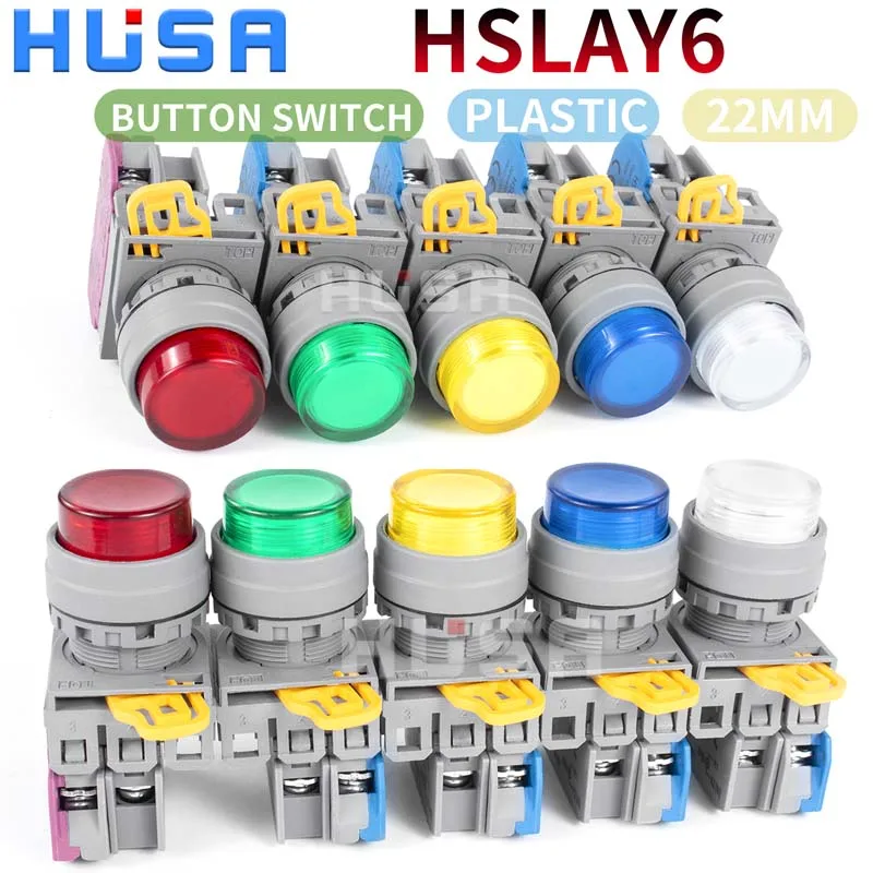 

LAY6 Led button switch self reset high head 22mm start DIY 1NO 1NC instantaneous button switch plastic head silver contact