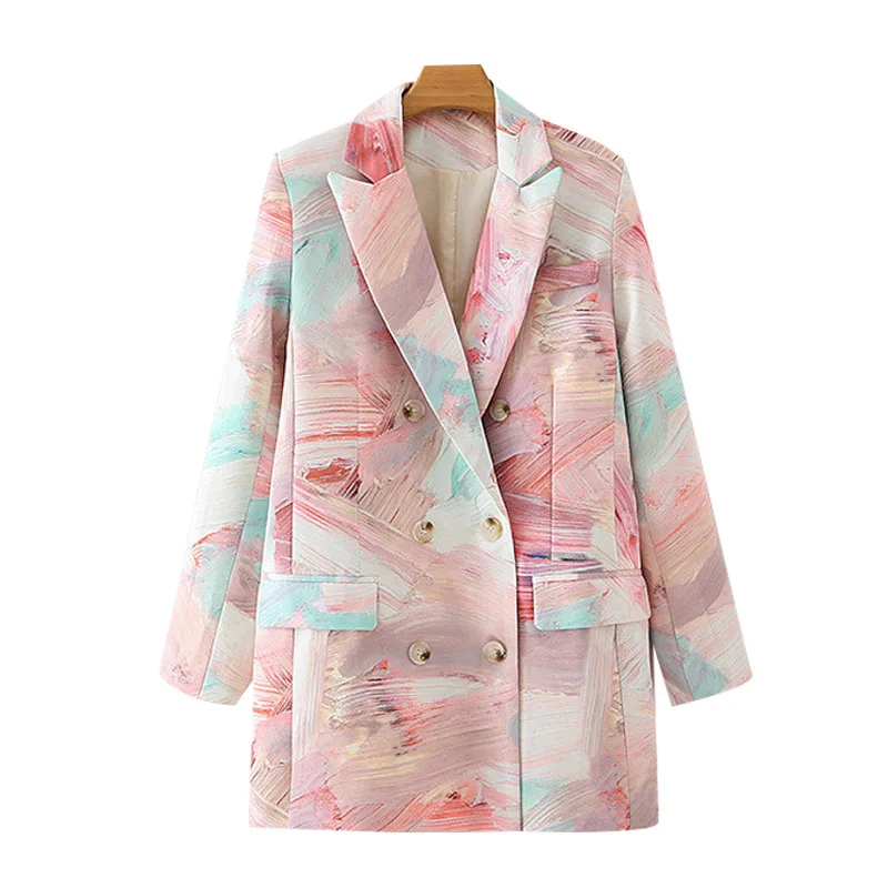 

2022 Women Fashion Double Breasted Graffiti Print Blazers Coat Vintage Long Sleeve Pockets Female Outerwear Chic Tops