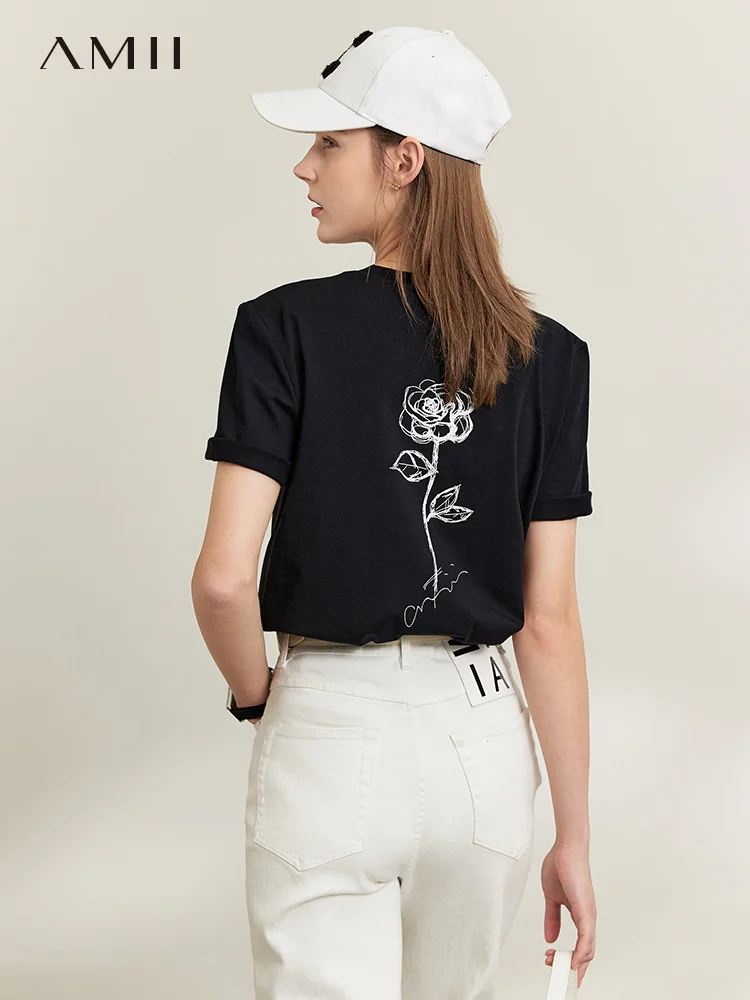 

Amii Minimalism 100% Cotton T-shirt for Women 2022 Summer Oneck Casual Printed Tops Korean Short Sleeve Female Clothing 12240208