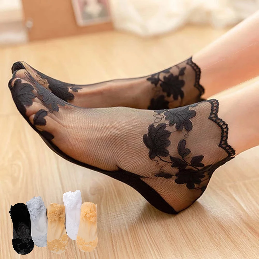 

Lolita Shallow Mouth Low-top Invisible Lace Socks Thin Ladies Lace Hollow Non-slip Cotton Bottom Transparent Women's Boat Socks
