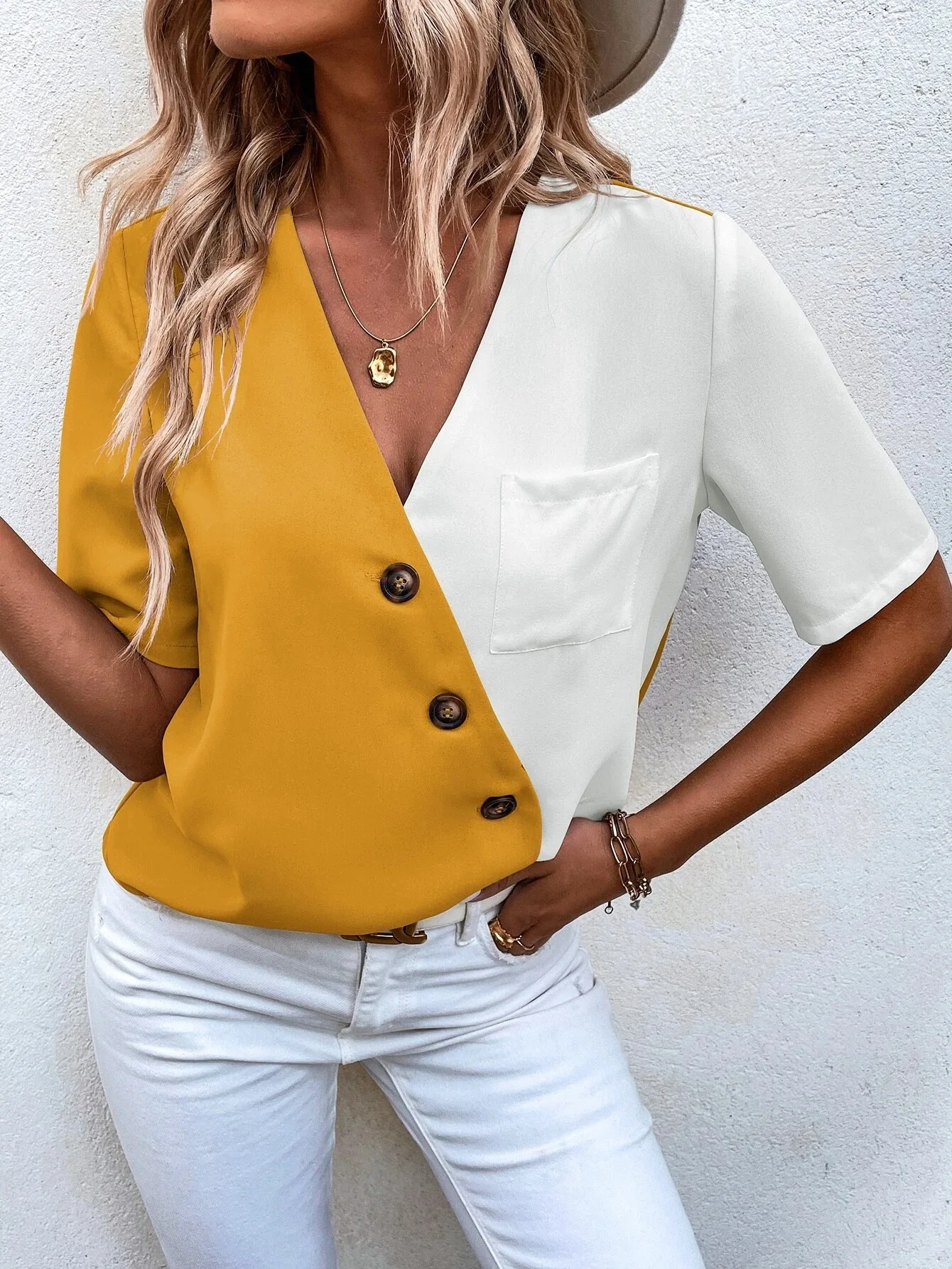 

V Neck Shirts for Women Button Fashion Women's Contrast Color Short Sleeve Casual Shirt Top