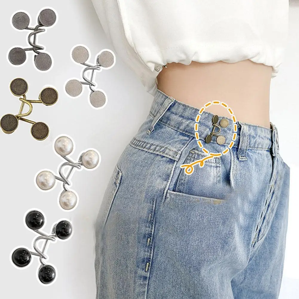 

Pearl Rhinestone Jeans Button Pins Pants Snap Fastener Adjustable Tightener Waist Buckle DIY Clothing Jeans Sewing-free Buttons