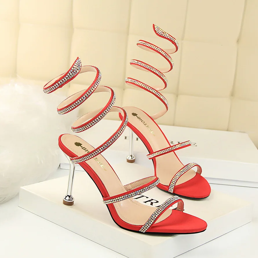 

Rhinestone Narrow Band Thin High Heels Sandals Women 2022 Summer Sexy Women Sandals Ladies Red Party Wedding Evening Shoes
