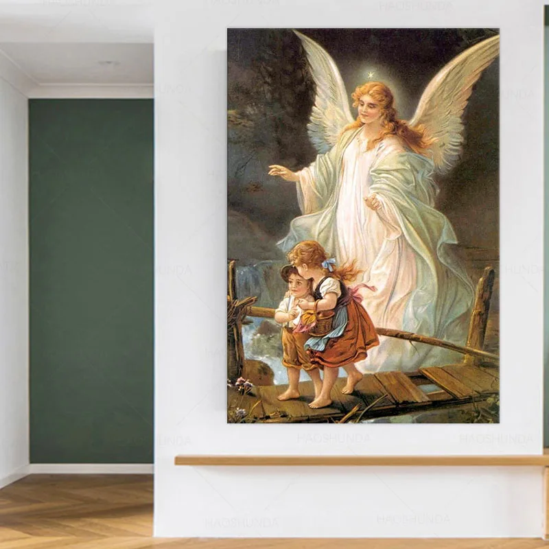 Холст с принтом Lindberg Heilige Schutzengel Guardian Angel and Children Crossing Bridge Religion вдохновляющее