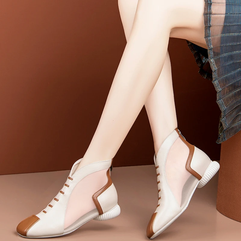 

Mesh Boots Women's Shoes Ankle Sandals Boots 2022 Summer Square MID Heel Back Zip Soft LEATHER Female Footwear Black Beige