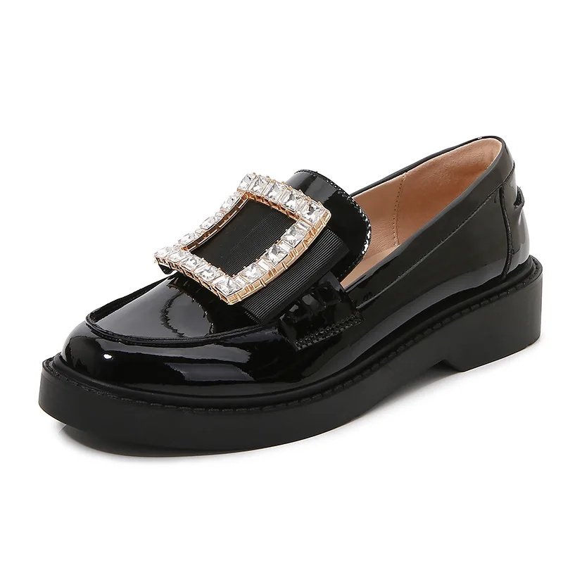 Square Buckle Single Shoes Women's Autumn New Rhinestone Thick-soled Loafer Shoes British Style College Small Leather Shoes