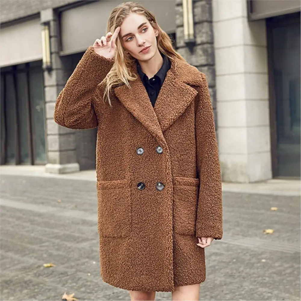 Women Simple Long Thermal Real Fur Coat Lapel double-breasted Thick Wool Trench Jacket Fashion Pure Color Luxury Real Fur Coat