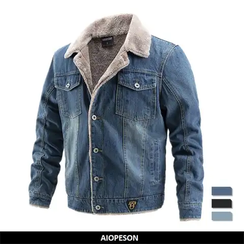 Мужская Утепленная джинсовая куртка AIOPESON, повседневная хлопковая куртка с отложным воротником и меховым воротником, теплая зимняя куртка д...