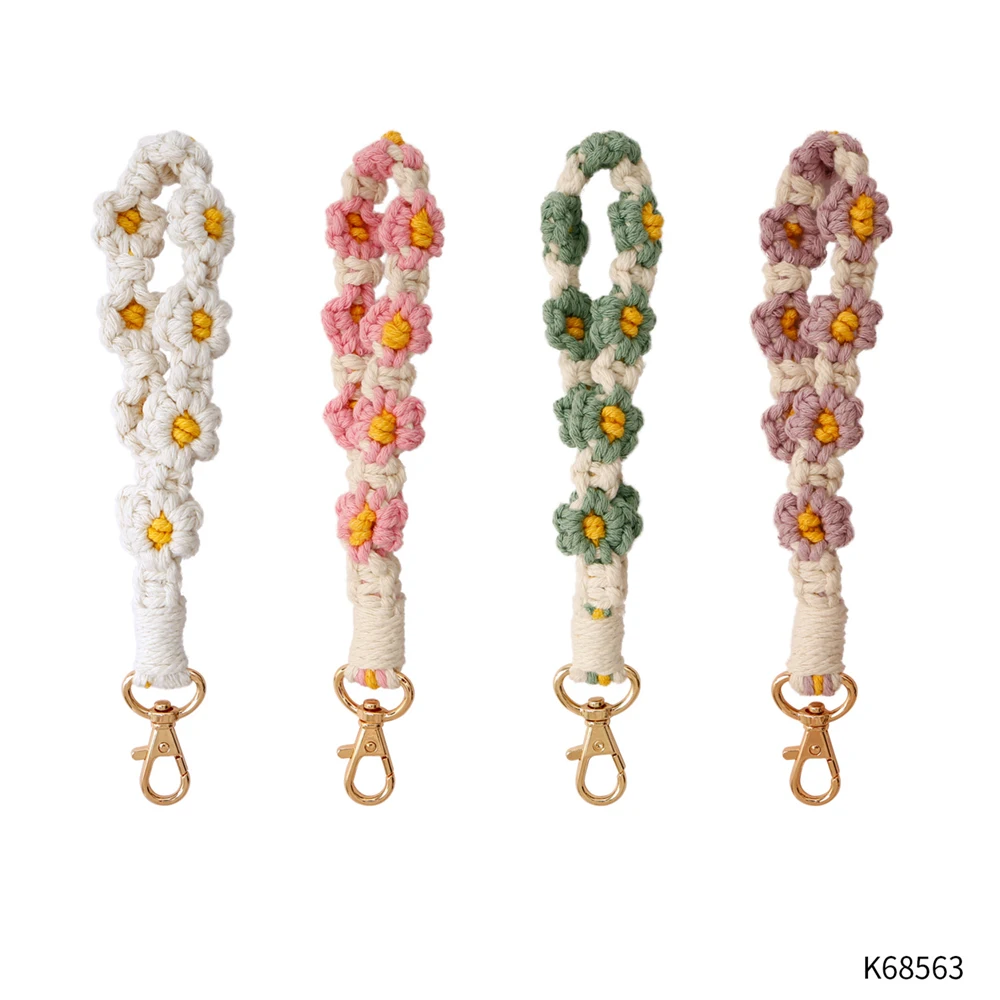 1Pcs Daisy Flower Key Chain DIY Hand-Woven Wrist Key Ring Bracelet Wrist Lanyard Women Car Keychain Bag Pendant Accessory