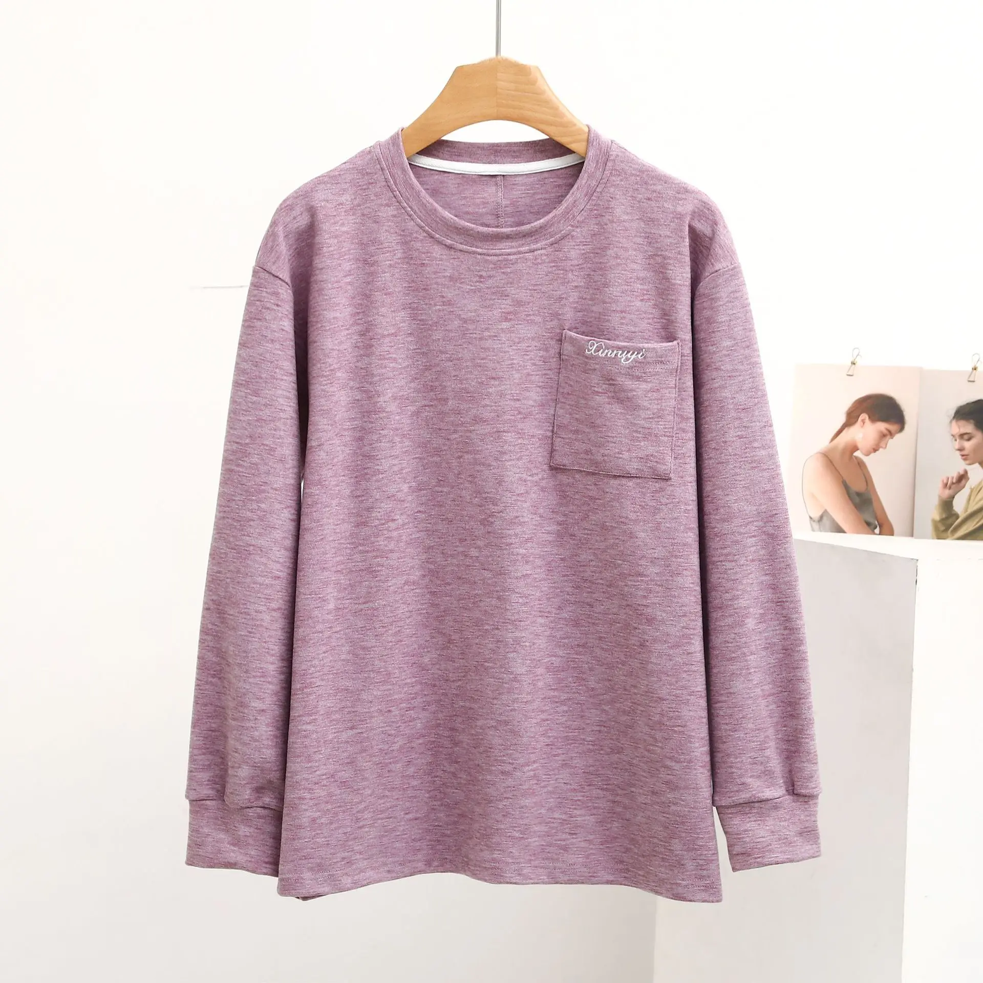 Women Loungewear Sweatshirt Pajamas Autumn Symphony Flat Velvet Round Neck Long Sleeve Pocket Fashion Thick One Piece Casual Top