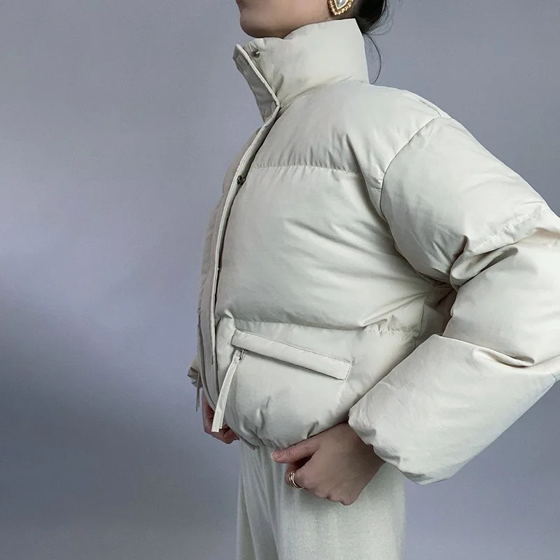 Winter White Turtleneck Zip Pocket Long Sleeve Coat Woman Casual Warm Street Simple Fashion Coat Short Jacket Office Lady
