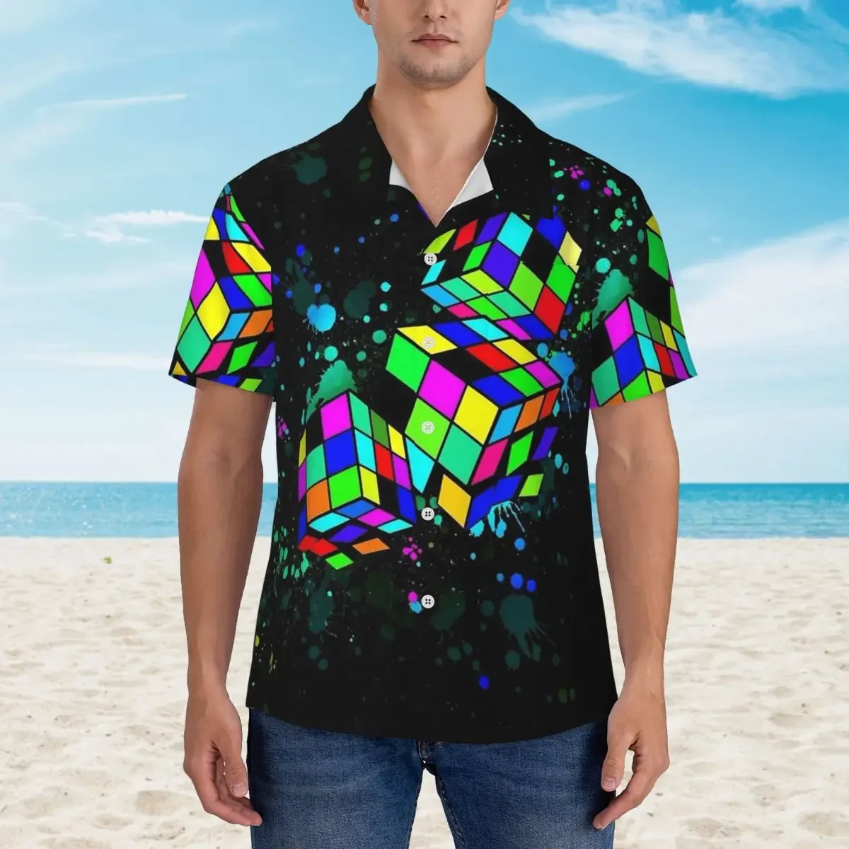 Фото Рубашки в гавайском стиле Rubix Rubiks Rubics, модные мужские рубашки с коротким рукавом для лета и пляжа, мужские топы с лацканами №4