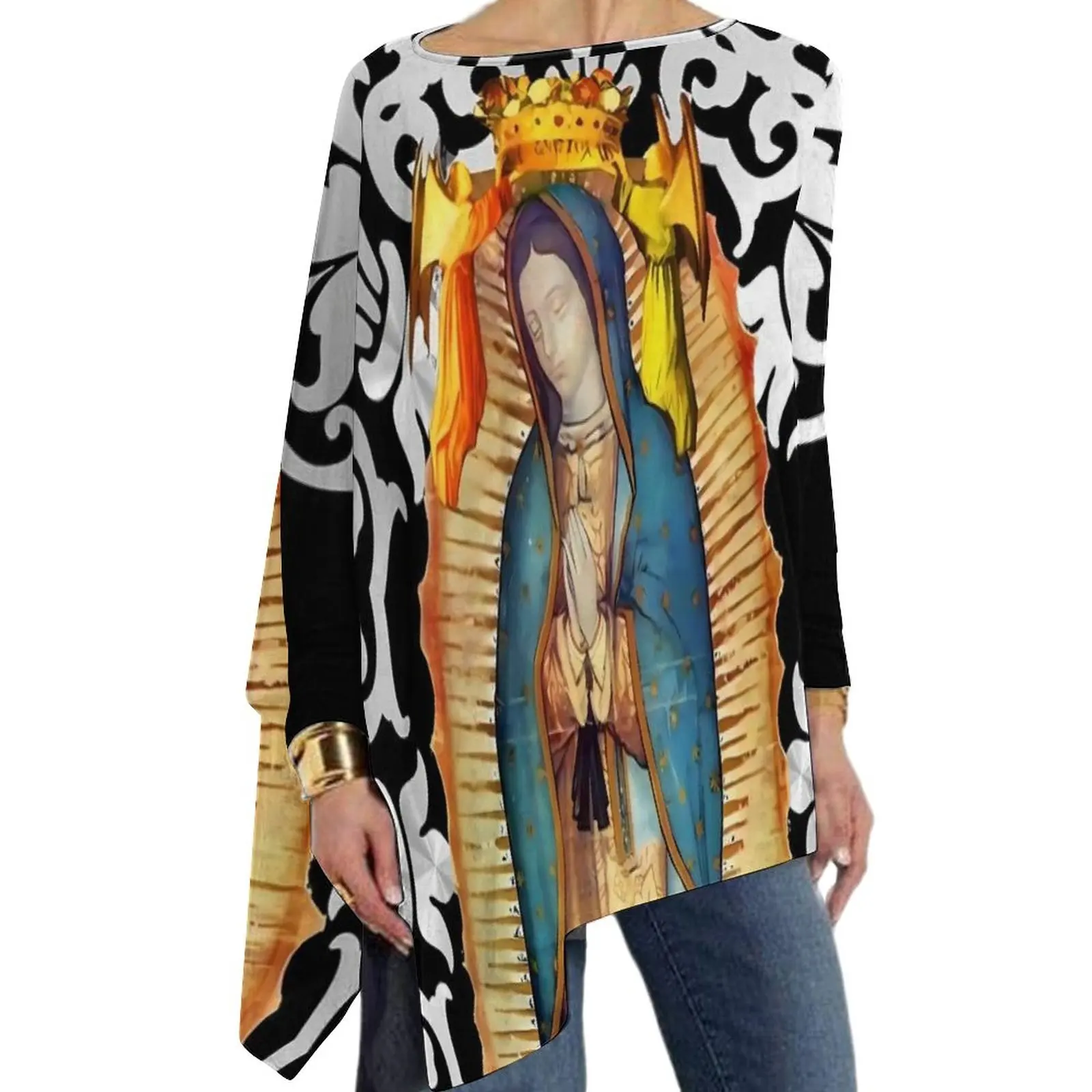 

Mexican Virgen Virgin T Shirt Spring Our Lady of Guadalupe Loose T-Shirts Long-Sleeve Vintage Tee Shirt Ladies Graphic Top Tees