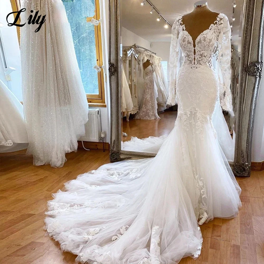 

Lace Mermaid Wedding Dress Boho Beach Bridal Dresses Long Sleeves Backless Chapel Train Wedding Gown Plus Size Vestido De Noiva