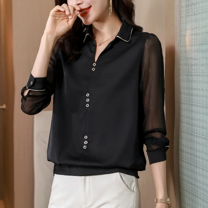 

Шифоновая женская блузка, Однотонная рубашка-поло, летний модный Свободный Повседневный Топ на пуговицах с длинным рукавом