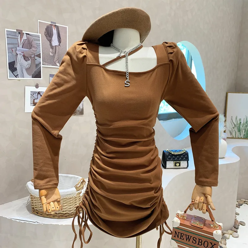 

New in Women's Clothing 2022 Winter Sexy halter Drawstring Long sleeve A-line Pleated Dress elegantes para mujer