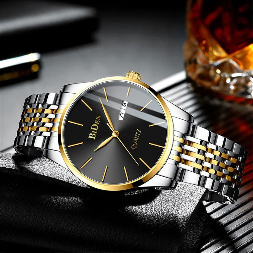 

Quartz Luxury Men BIDEN Watch Stainless Brand Steel Business Simple Watches Calendar Week Wristwatch For Male relogio masculino