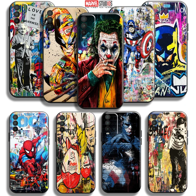 

Marvel Street Graffiti Phone Case For Xiaomi Redmi 9T 6.53 Inch Liquid Silicon Back Soft Carcasa Silicone Cover Black
