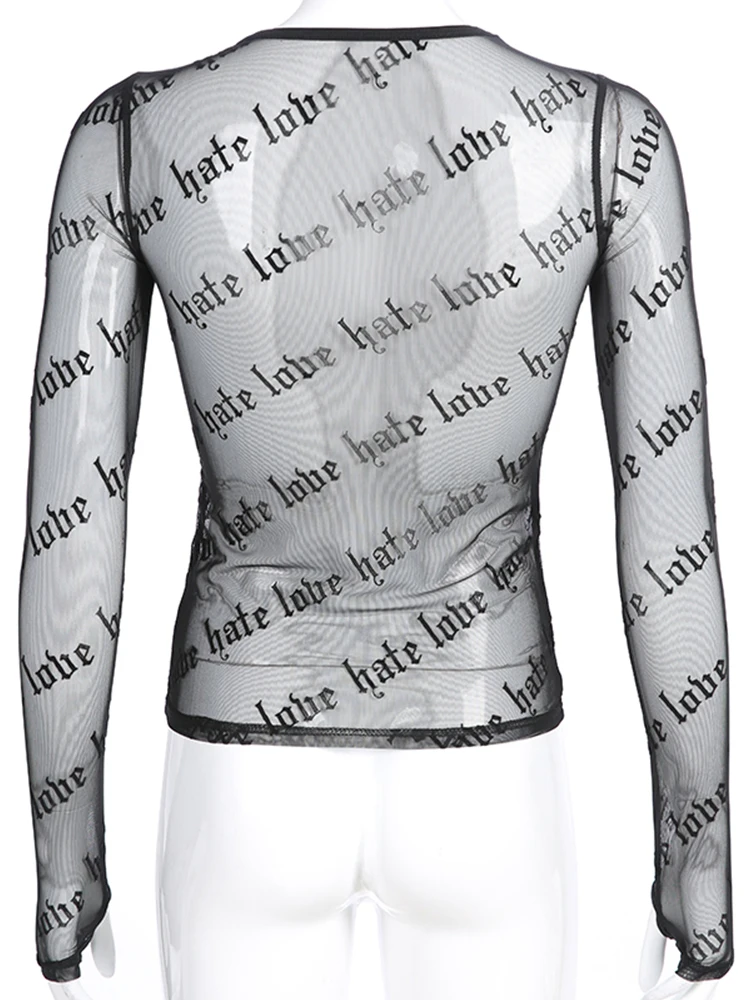 Футболка женская прозрачная сетчатая с длинным рукавом и надписью