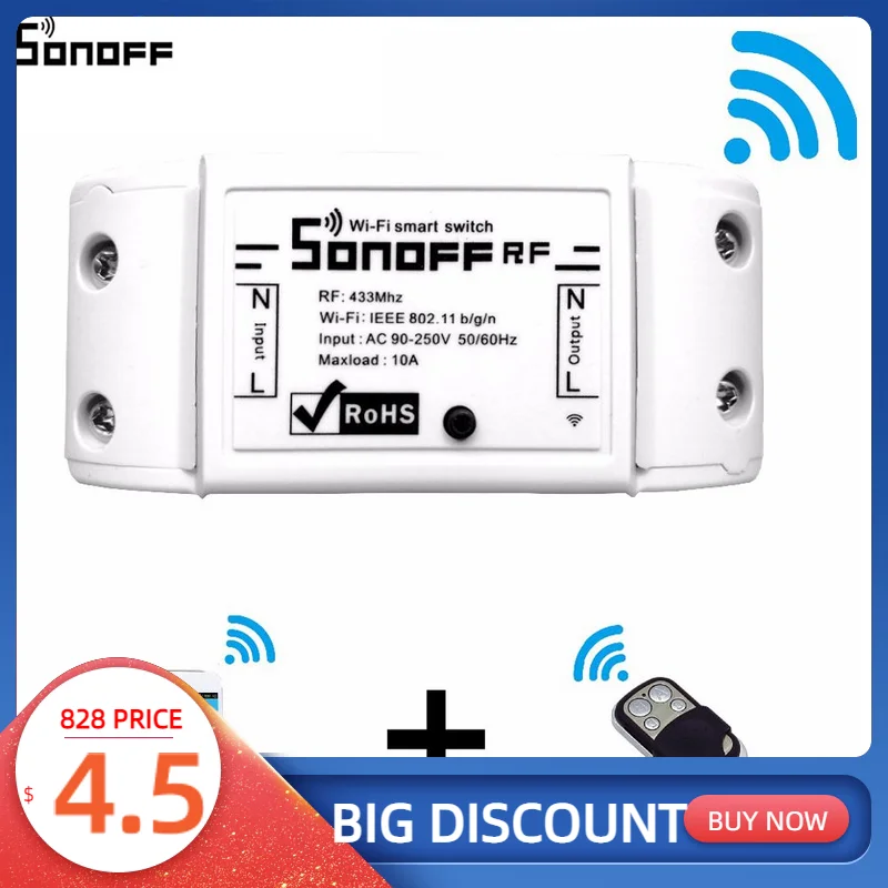 Sonoff Wi-Fi-выключатель RF R2, беспроводной пульт дистанционного управления 433 МГц, умный выключатель света, Модуль Автоматизации Wi-Fi для умного дома 90-250 В 10 А