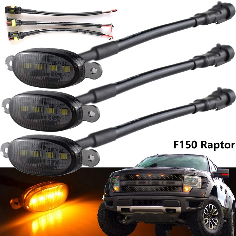 Front Grill Lights for Ford Raptor F150 Grilles 2010-2014 & 2017-2021 Smoked Lens Yellow LED Parking/Running Amber Light