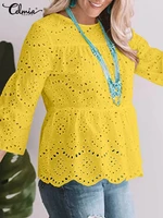celmia fashoin blouses women stitching 34 flare sleeve cotton tunic lace hollow out elegant peplum shirt casual all match tops
