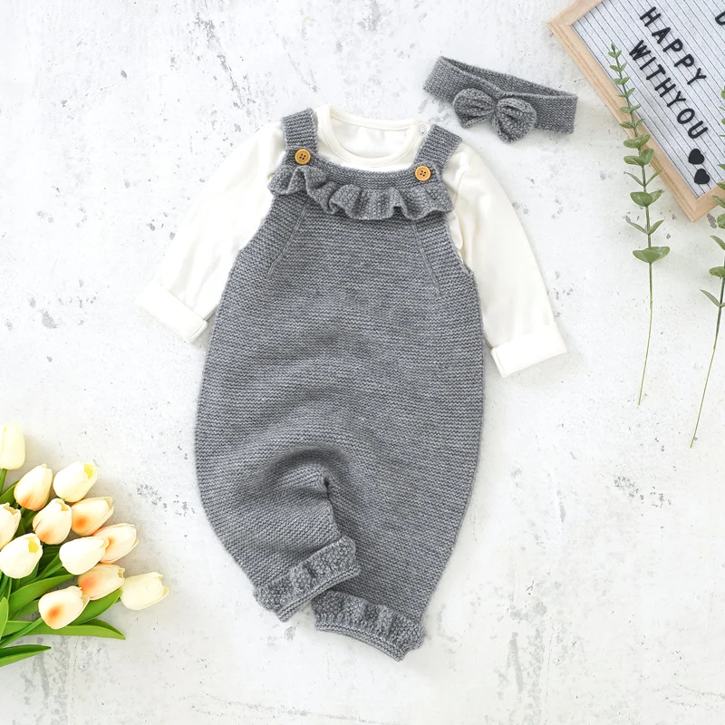 

Newborn Infant Baby Boys Girls Romper Set Spring Autumn Sleeveless Knitted Toddler Jumpsuits Hats Outfits Solid Children Clothes