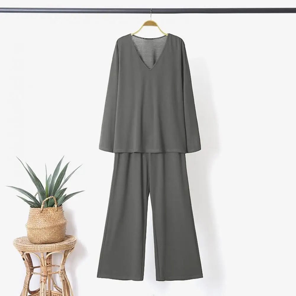 

V-neck Tops Long Pants Set Versatile Women's Casual Outfit V-neck Long Sleeve Tops with Elastic Waistband Wide Leg Pants