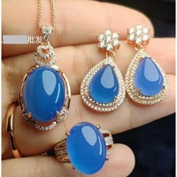 silver rose gold blue chalcedony ring agate jade earring pendant ring set water drop rhinestone zircon crystal gem jewellery