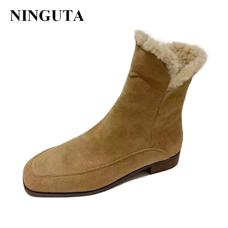 

Leather Snow Boots in wool flat Ankle Boots winter Shoes Women