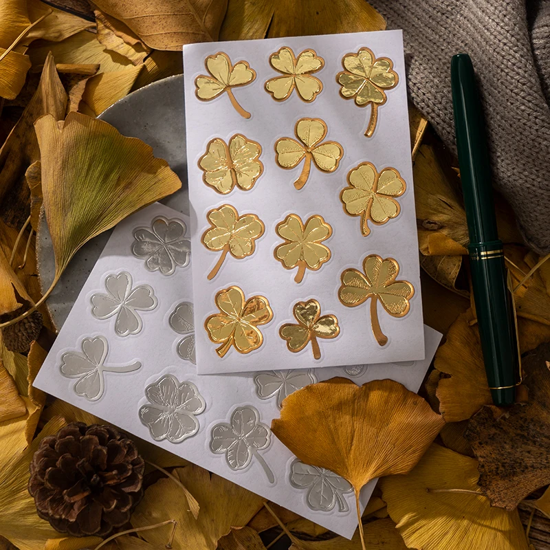 

2Sheets leaf Golden Bronzing ginkgo biloba stickers Lucky Grass clover silver handbook packaging Maple material leaves 85*130mm