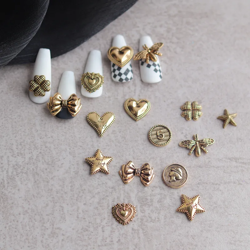 

10pcs Nail Art Charms Bronze Retro Alloy Decoration Metal Love Heart Star Bow Knot Crystal Stones Nail Jewelry Rhinestones