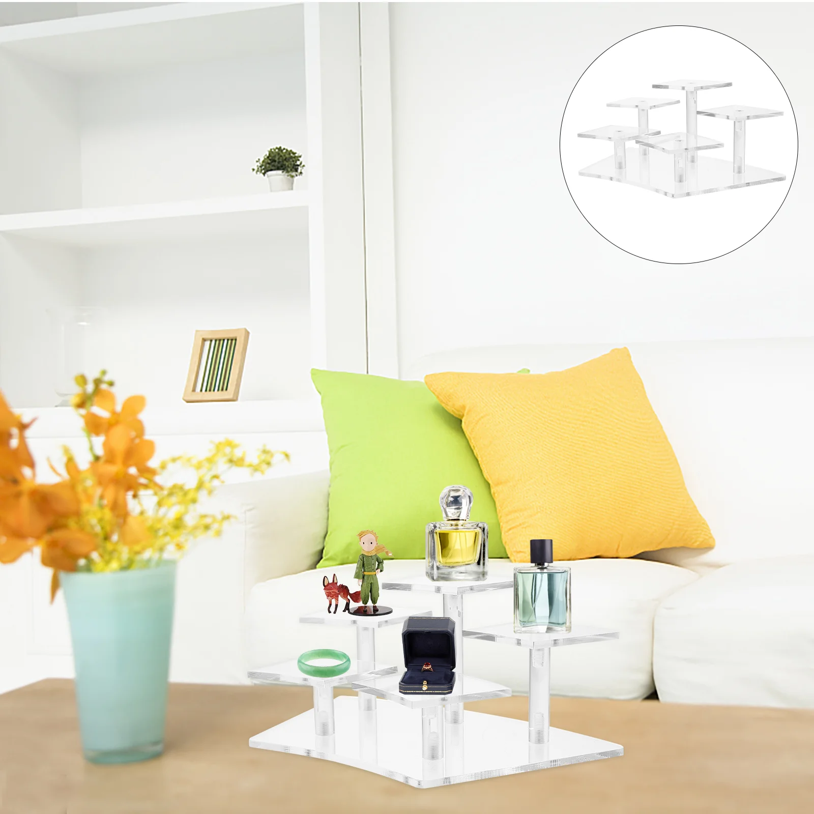 

Display Stand Acrylic Organizer Rack Perfume Showcase Figure Holder Figures Toy Purse Riser Wallet Closet Ladder Risers Shelf