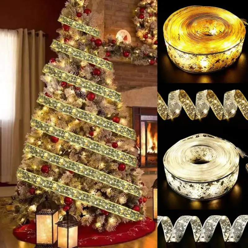 

Christmas Decoration LED Ribbon Lights Christmas Tree Ornaments DIY Lace Bows String Lights Navidad Home Decors New Year 2023