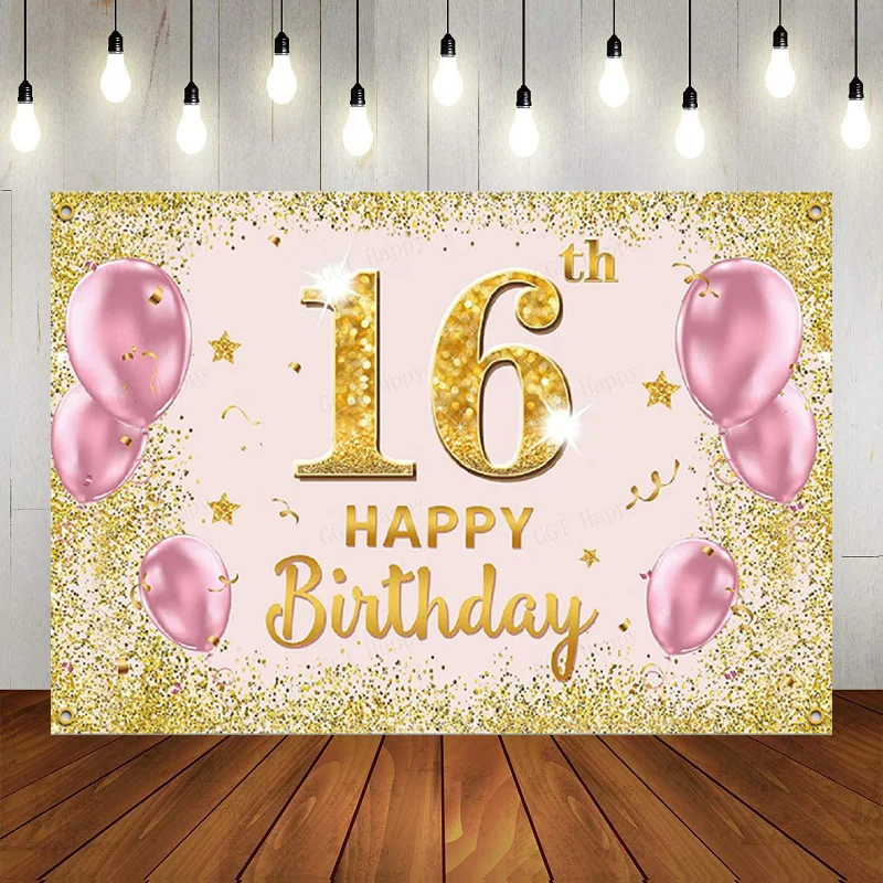 

16th Birthday Party Black Gold Theme Photography Backdrop Background Cake Table Birthday Banner Poster Decor Prince Princess