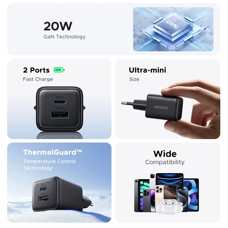 Фото UGREEN Зарядное устройство GaN 20 Вт Mini USB C Зарядное устройство для телефона PD3.0 QC3.0 Для iPhone 16 15 14 Pro Max Samsung S25 Xiaomi Tablet iPad Air Pro №2